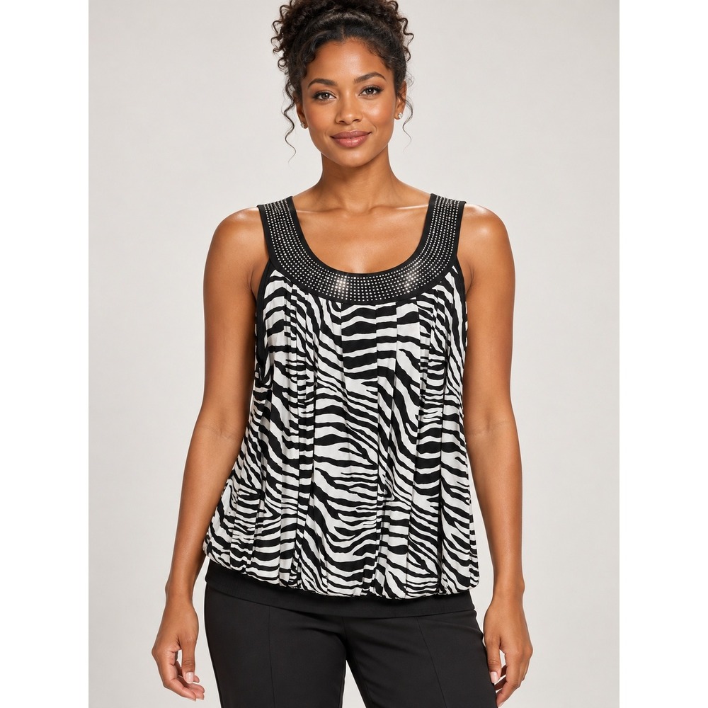 Madison M Black & White Zebra Print Dressy Sleeveless Top With  Band Collar. NWT